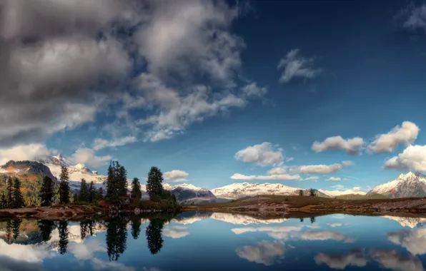 Picture clouds, mountains, lake, reflection, panorama
