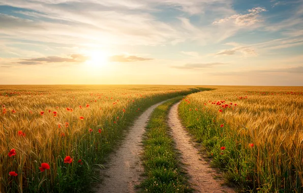 Road, wheat, field, the sky, grass, clouds, Wallpaper, Maki