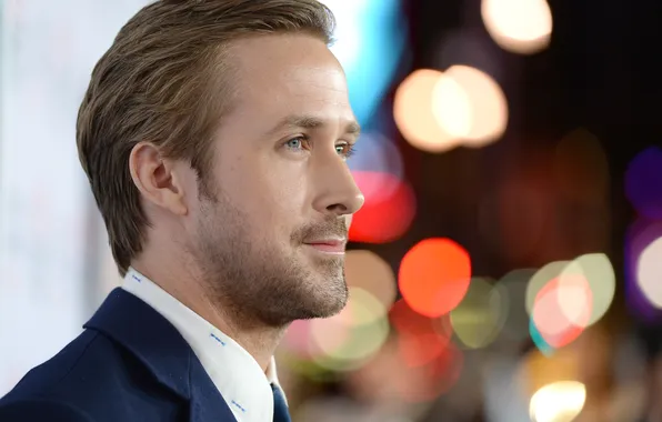 Lights, photo, background, costume, profile, actor, bokeh, Ryan Gosling
