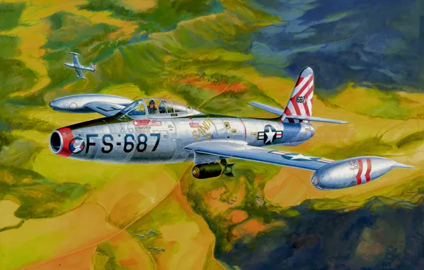 Picture bomber, war, art, painting, aviation, jet fighter, Republic F-84 Thunderjet