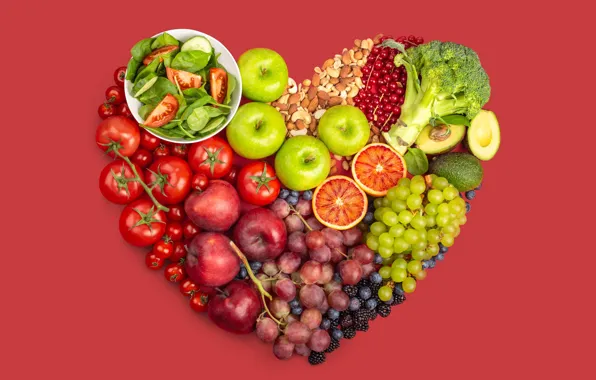Apples, heart, blueberries, grapes, bowl, fruit, nuts, vegetables