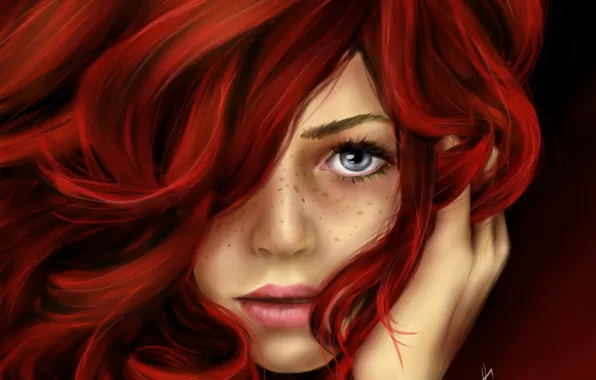 Picture look, girl, face, hair, art, freckles, red, painting