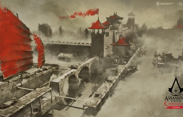 City, China, game, walls, Assassin's Creed, castle, ship, digital art