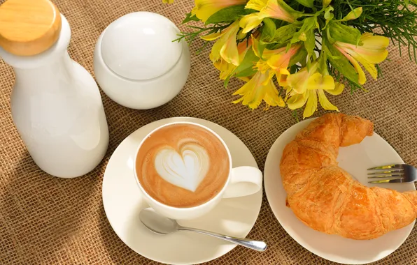 Picture coffee, food, Breakfast, Cup, cappuccino, saucer, cakes, croissant