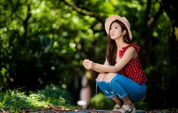 Picture girl, pose, jeans, hat, Asian, cutie, bokeh