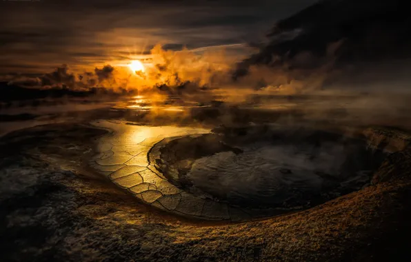 Picture the sky, water, the sun, clouds, sunset, lake, the volcano, crater, smoke, sunset, water, clouds, …