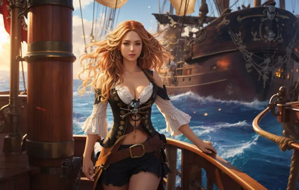 Picture Sea, Girl, Ship, Sailboat, Hair, Pirates, Digital art, AI art