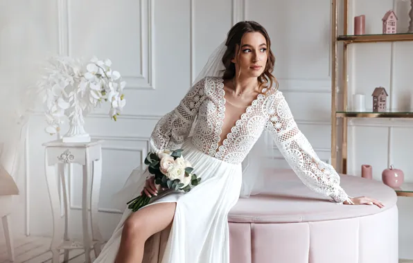 Look, girl, flowers, pose, comfort, house, room, sofa