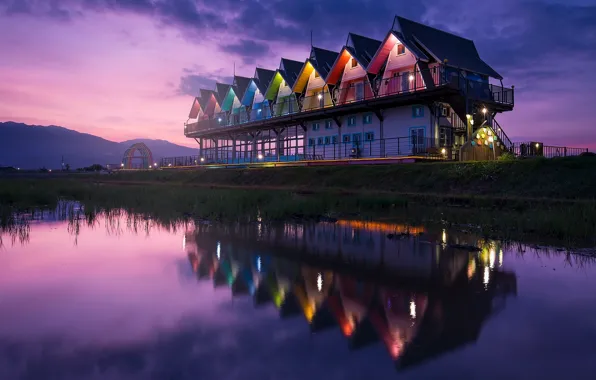 The sky, clouds, sunset, mountains, lights, reflection, shore, home