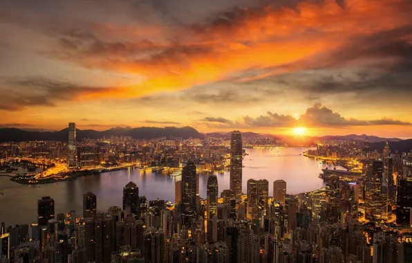 Water, sunset, the city, Hong Kong, China