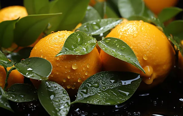 Leaves, water, drops, macro, moisture, oranges, after the rain, fruit