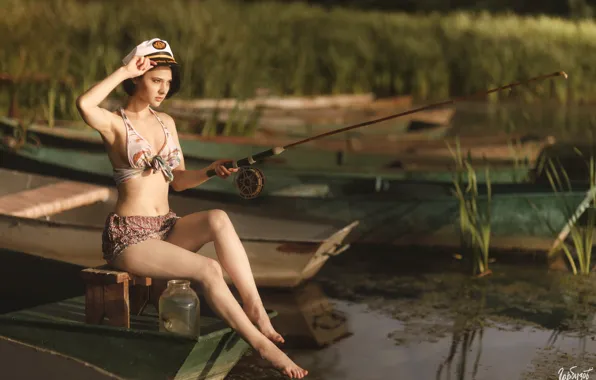 Girl, pose, the situation, legs, cap, fisherwoman, spinning, Ilya Garbuzov