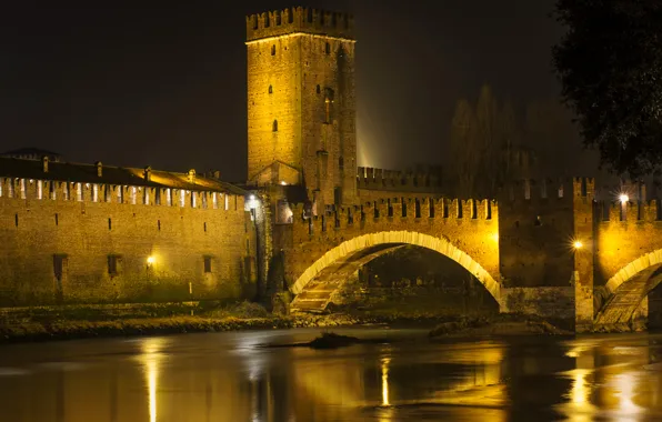 Night, bridge, lights, river, wall, tower, lights, Italy