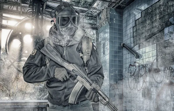Picture face, weapons, background, gas mask, male, assault rifle