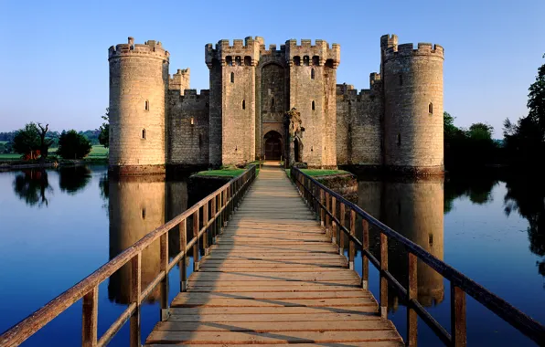 The sky, bridge, lake, castle, tower