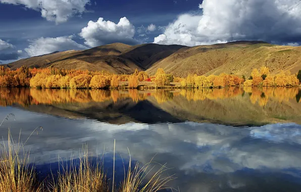 Picture autumn, clouds, trees, lake, reflection, hills