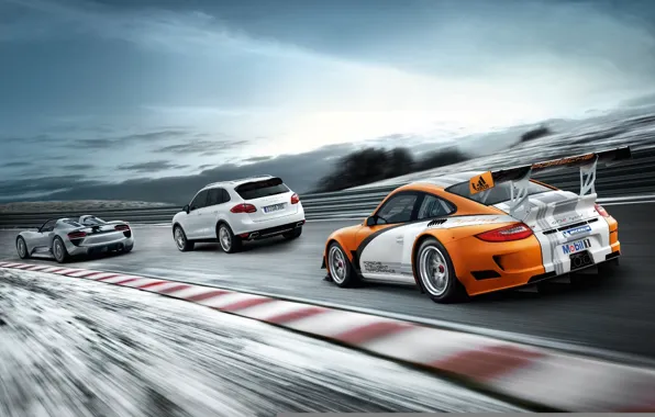 Picture road, machine, mix, three, sports car, Porsche, different