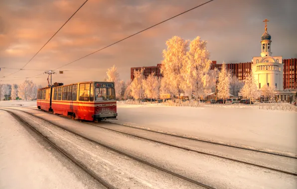 Picture winter, Saint Petersburg, tram, January