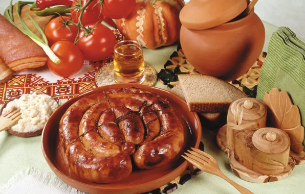 Picture sausage, bread, pumpkin, pepper, vegetables, tomatoes, bread, pot