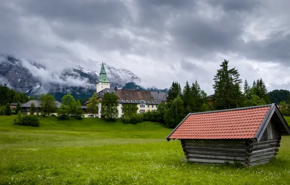 Picture mountains, castle, Germany, Bayern, meadow, house, the hotel, Germany