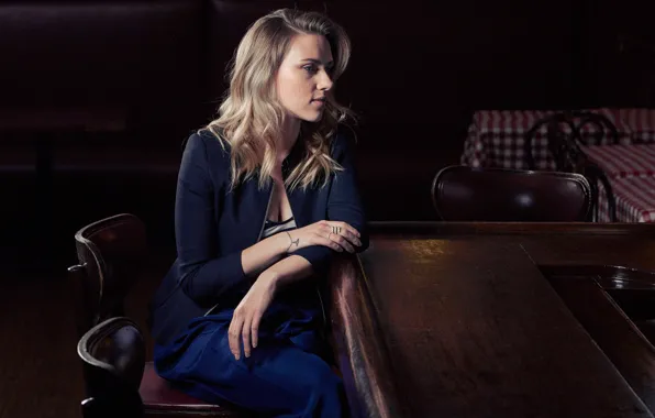 Picture table, actress, Scarlett Johansson, blonde, chair, Scarlett Johansson, photoshoot, Victoria Will