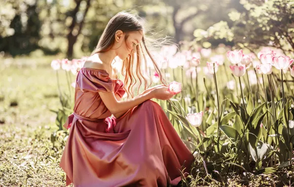 Picture girl, flowers, Park, hair, spring, dress, tulips, Svetlana Nicotine