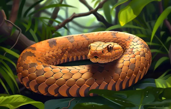 Snake, Leaves, Face, Jungle, Art, Reptile, Animal, Digital art