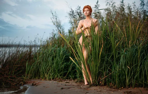 Green, girl, river, nude, shore, look, freckles, redhair