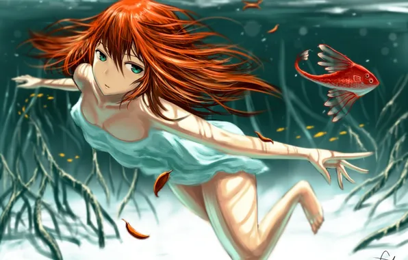 Girl, fish, roots, anime, art, under water, gia