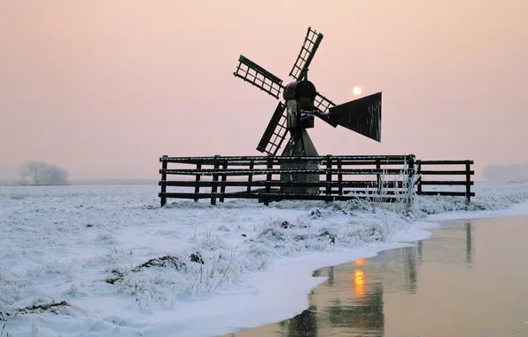 Picture FROST, SNOW, WINTER, RIVER, BLADES, MILL, WINDMILL, WEATHERVANE