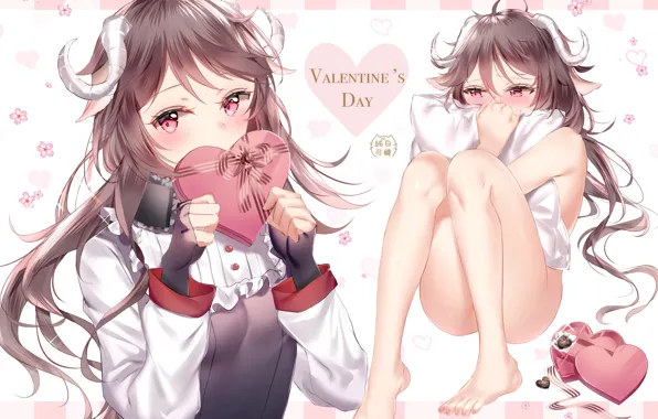 Gift, hearts, pillow, long hair, embarrassment, valentine`s day, by Junpaku Karen, Arknights