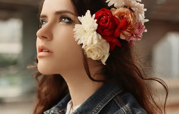 Look, girl, flowers, face, beauty