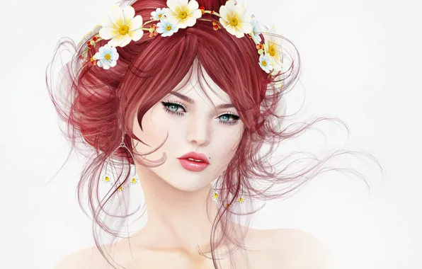 Girl, face, hair, portrait, beauty, mole, wreath
