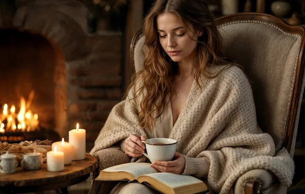 Girl, pose, comfort, house, heat, room, fire, flame