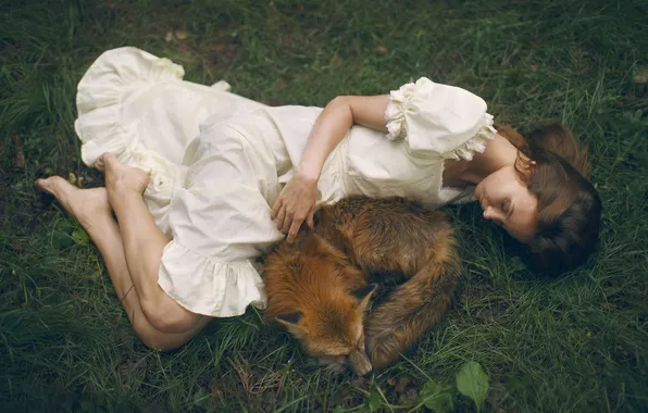 Grass, girl, nature, pose, feet, glade, sleep, Fox