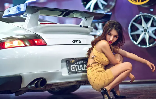 Picture look, Girls, Porsche, Asian, beautiful girl, white car, posing on the car