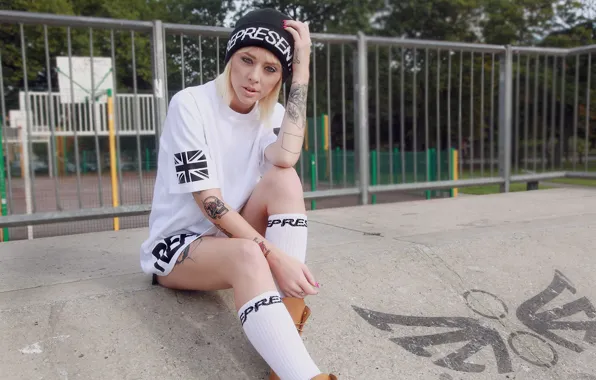 Girl, woman, model, tattoo, cap, blonde, tattoos, female