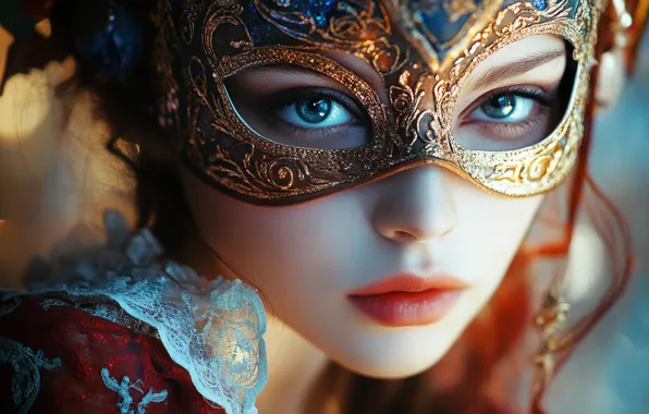 Eyes, look, girl, patterns, portrait, mask, outfit, gold plated