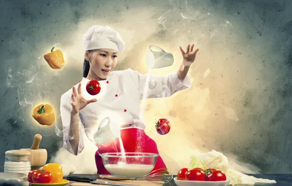 Picture girl, creative, milk, cook, vegetables, tomatoes, flour, pepper