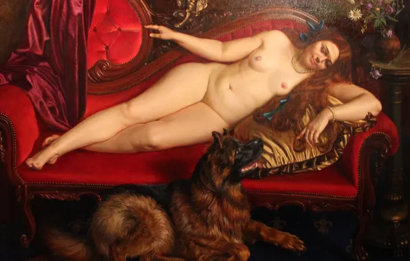 Girl, Dog, Sofa, Picture, Naked, Alexandr Shilov, Soviet and Russian artist, Alexander Shilov