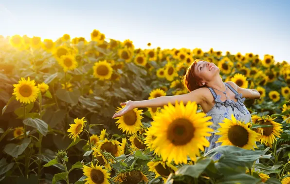 Picture field, the sky, girl, joy, happiness, sunflowers, flowers, yellow
