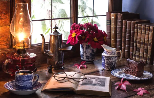 Tea, lamp, bouquet, window, glasses, cake, book, still life