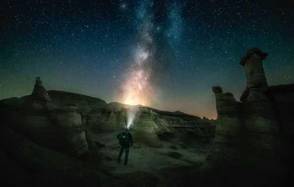 Stars, light, mountains, night, rocks, people, The milky way, lantern