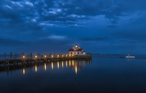 Sea, lighthouse, USA, North Carolina, Roanoke Marshes Light