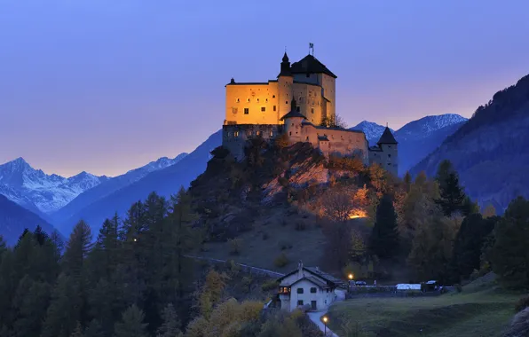 Picture castle, the evening, hill, Switzerland, Engadin, Tarasp Castle
