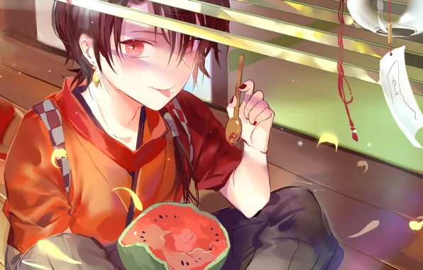 Boy, watermelon, red eyes, Japanese clothing, stuck out his tongue, touken ranbu, Dance of swords, …