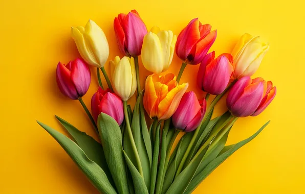 Leaves, flowers, holiday, bright, bouquet, spring, yellow, tulips