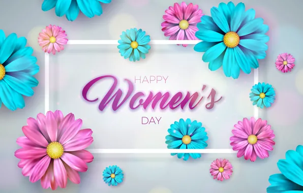 Flowers, pink, happy, March 8, blue, pink, flowers, women's day