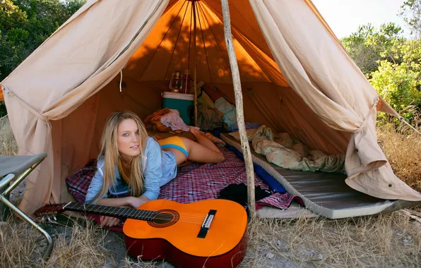 Stay, guitar, blonde, nature, lying, in the campaign, In the tent