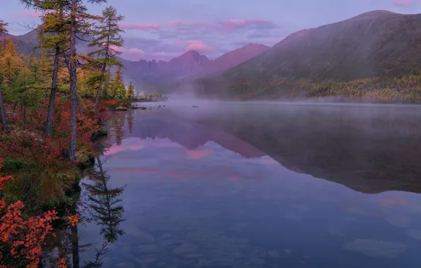 Picture landscape, mountains, nature, fog, lake, morning, Vladimir Ryabkov, Kolyma